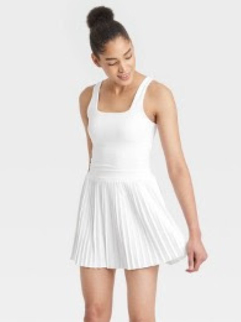 All In Motion Women's Pleated Active Dress - White M, Built In Bra, Shorts